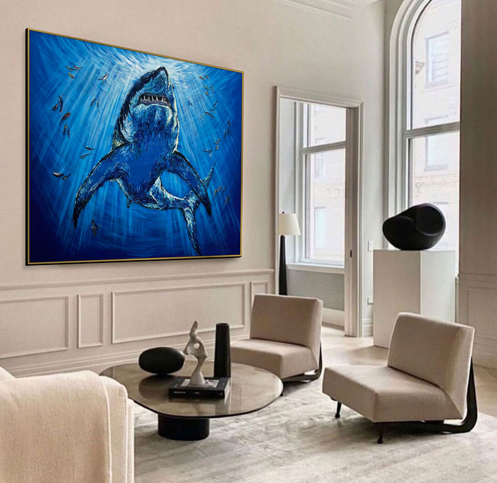 Large Blue Shark Oil Painting Original Art On Canvas Abstract Ocean Painting Original Modern Art Impasto Painting Animal Painting | OCEANIC MAJESTY 52"x68"
