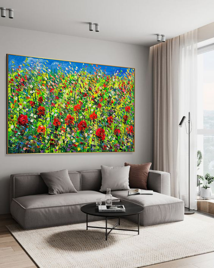 Flower Painting Acrylic Abstract Red Poppy Painting Modern Painting On Canvas Nature Painting Texture Painting Unique Wall Art | CRIMSON MEADOWS 42"x68"