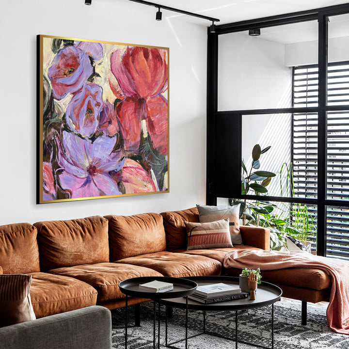 Flowers Painting Abstract Nature Wall Art Canvas Original Paintings Large Floral Colorful Painting Modern Art Canvas Texture Wall Art | MAJESTIC BLOOMSCAPE 46"x46"