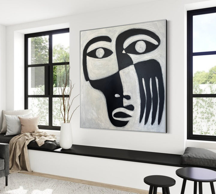 Abstract Figurative Black And White Face On Canvas Creative Painting Minimalist Art Modern Paintings Acrylic Living Room Art | OBLIVION 40"x40"