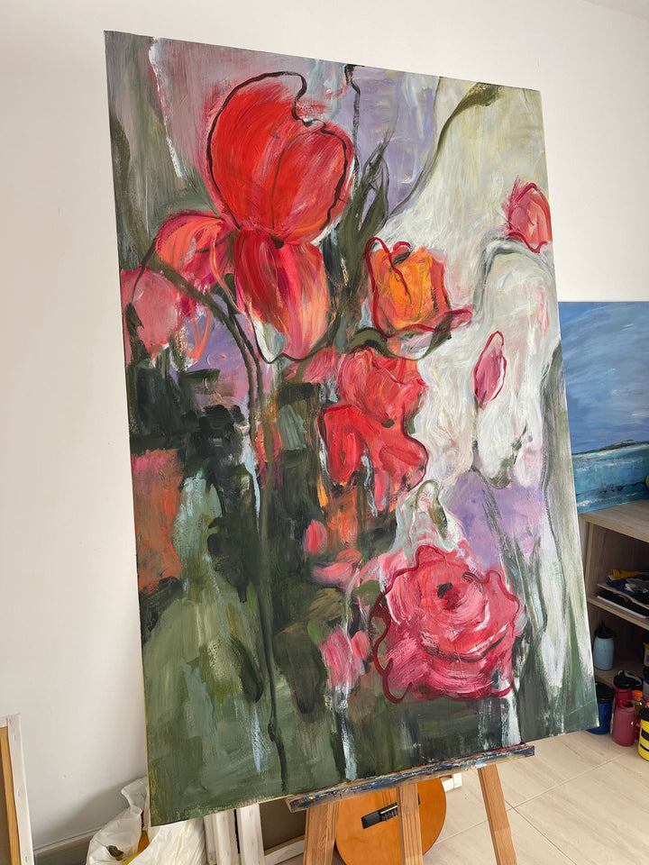 CRIMSON BLOOMS 54"x36"