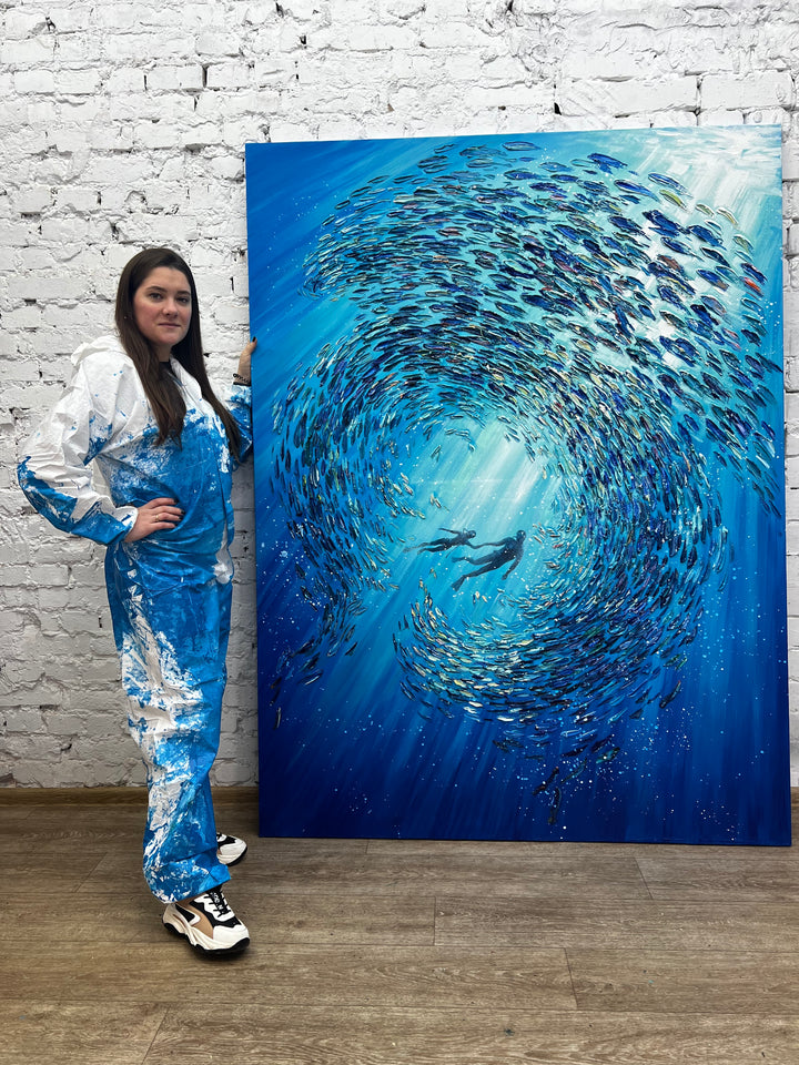Oversize Abstract Art Couple of Divers In Ocean Fish Art On Canvas Colorful Blue Water Animals Painting Handmade Painting Fine Art | OCEAN BALLET 80"x60"