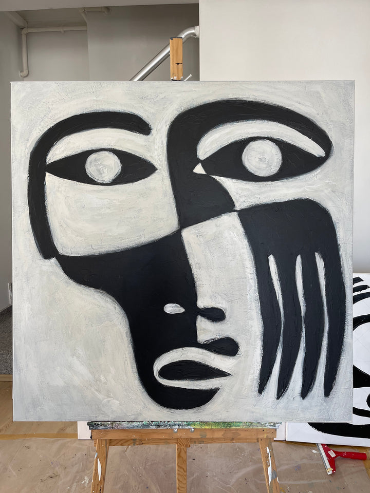 Abstract Figurative Black And White Face On Canvas Creative Painting Minimalist Art Modern Paintings Acrylic Living Room Art | OBLIVION 40"x40"
