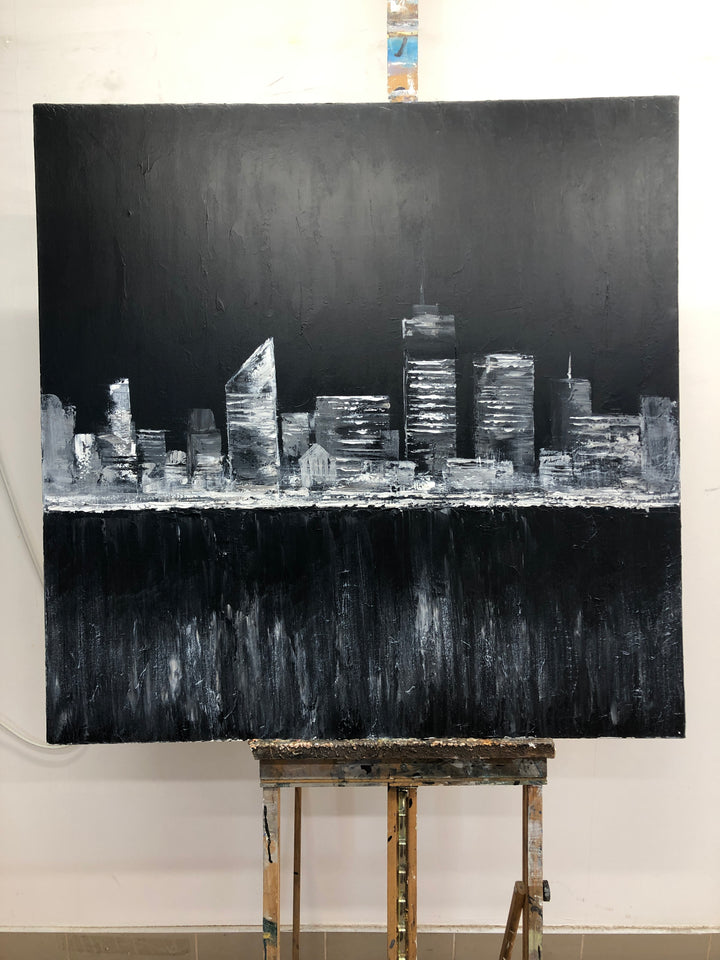 Black And White Acrylic City Paintings On Canvas Home Decor Minimalist Art Abstract Wall Painting Contemporary Art Unique Wall Art | ENIGMATIC ROOFTOPS 40x40"