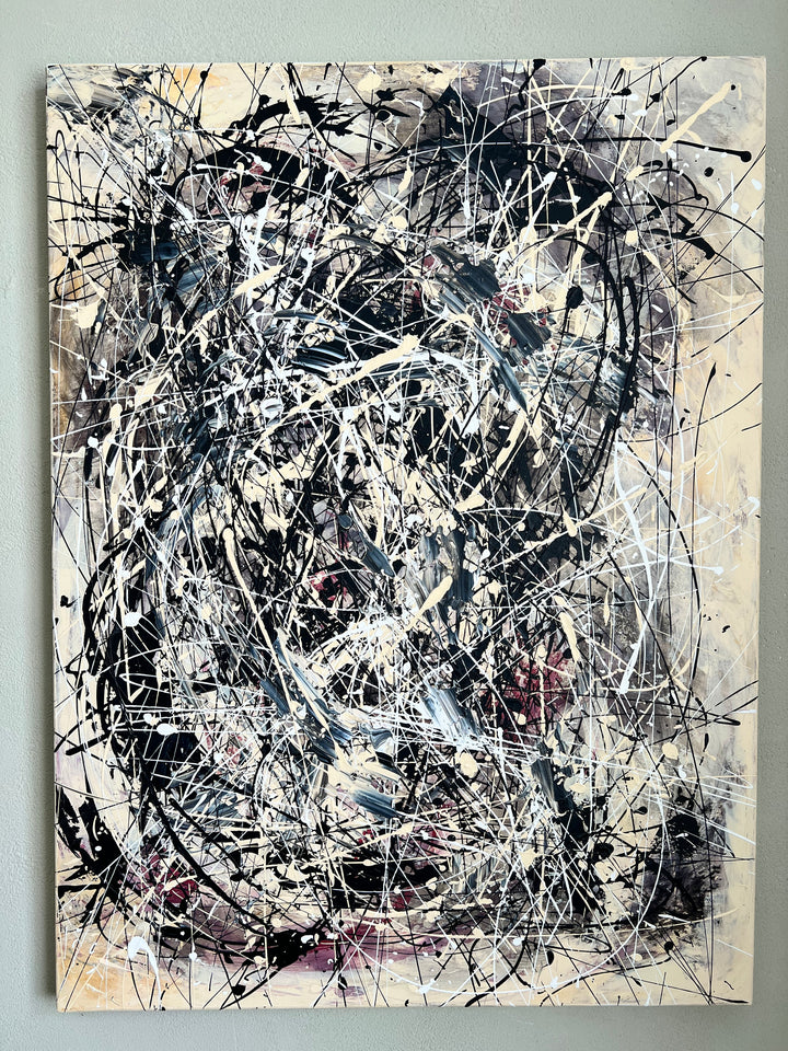 Original Colorful Curved Lines Acrylic Painting Abstract Jackson Pollock Style Artwork Decor for Home | GRAY CONFUSION