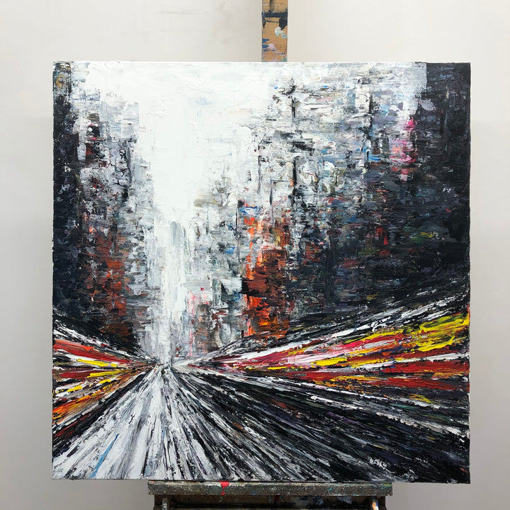Original Colorful Rainy Oil Painting On Canvas Abstract Road Wall Art for Bedroom Decor | RAINY WAY