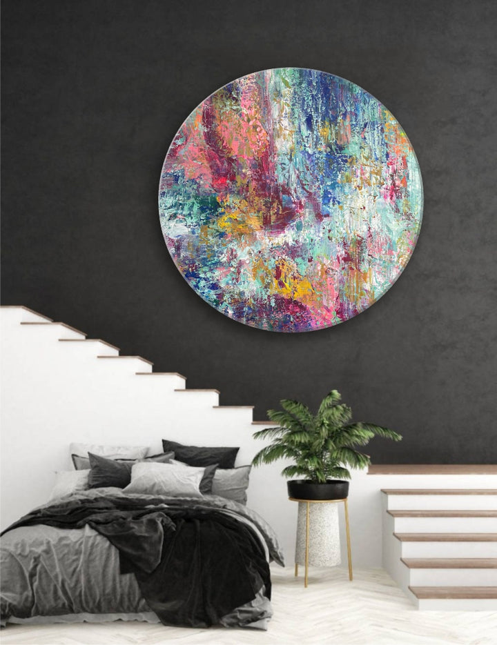 Original Round Oil Painting Abstract Colorful Wall Art Textured Artwork Decor for Living Room | RAINBOW NOISE