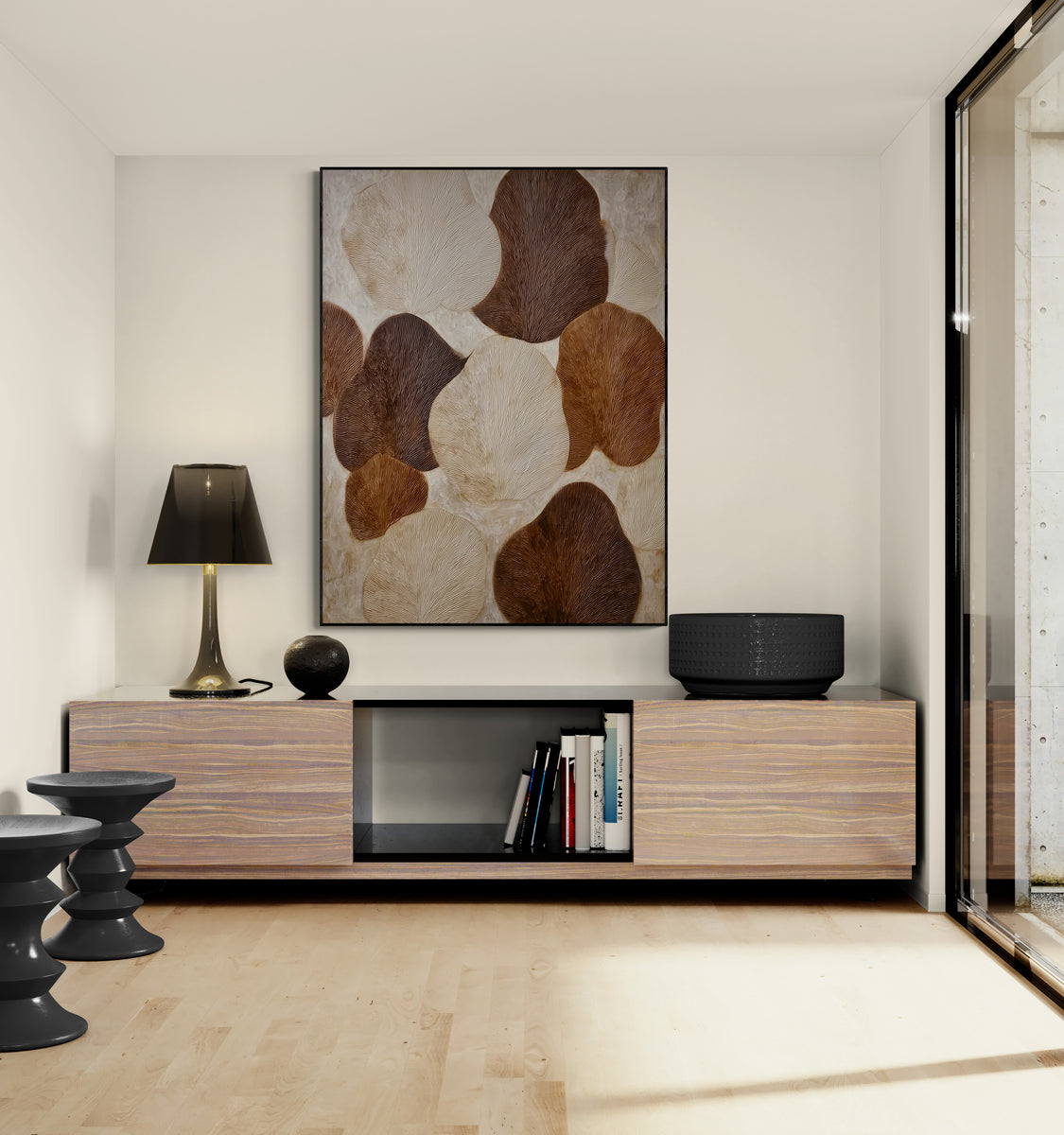 Large abstract painting with organic leaf-inspired forms in warm ...