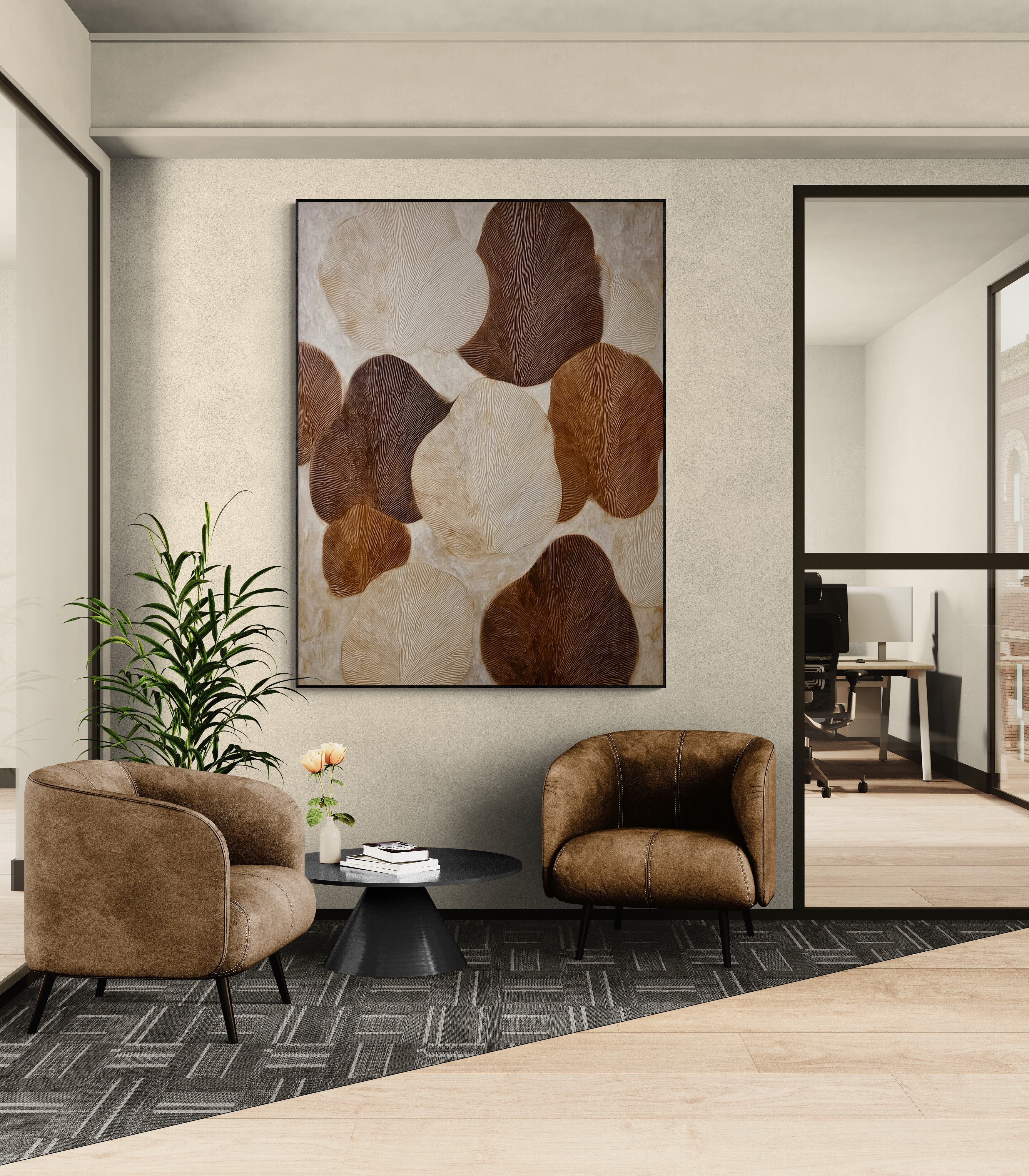 Large abstract painting with organic leaf-inspired forms in warm ...