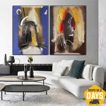 Original Colorful Set Of 2 Oil Painting Blue and Orange Abstract Artwork for Home Decor | NIGHT AND DAY 2P 39.4"x59"