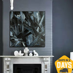 Original Black and White Oil Painting Abstract Sharp Figures Artwork for Living Room | BLACK CRYSTALS 39.3"x39.3"