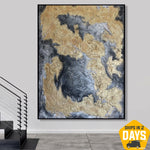 Original Gold Leaf Wall Hanging Artwork on Black Abstract Oil Painting Modern Decor for Home | GOLDEN MAINLAND 46"x34"
