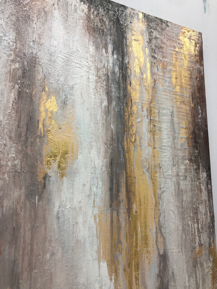 Oversize Oil Painting Gray Wall Art Gold Leaf Painting Unique Wall Art Abstract Painting | GOLDEN GLITTER - trendgallery.ca