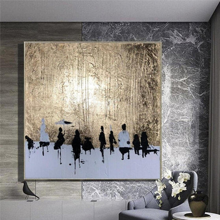 Large Abstract Human Oil Painting Modern Gold Leaf Art Gray Wall Art Modern Wall Decor | SKY OF GOLD - trendgallery.ca