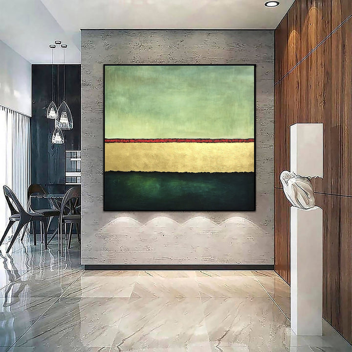 Green Abstract Modern Paintings On Canvas Gold Simple Minimal Wall Art Original Oil Fine Art for Hotel Interior | LAYERS OF FORTUNE - trendgallery.ca