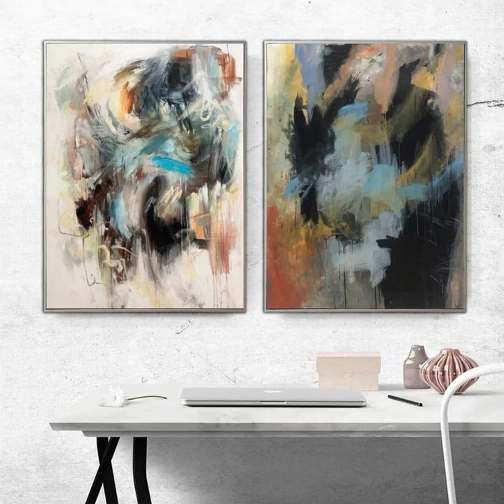 Set of 2 Paintings Abstract Colorful Painting Canvas Diptych Wall Art Neutral Artworks Pastel Colors on Canvas Modern Wall Art | DAY VS NIGHT - trendgallery.ca