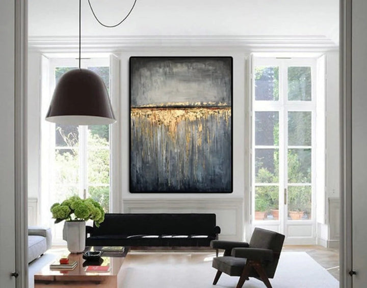 Large Abstract Grey Paintings On Canvas Gold Simple Fine Art Minimal Wall Art for Hotel Decor | GOLD RAIN - trendgallery.ca