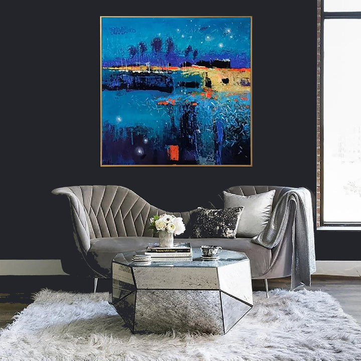 Large Abstract Blue Paintings On Canvas Original OIl Painting Textured Wall Art Creative Fine Art Framed Painting | DARK NIGHT - trendgallery.ca