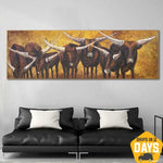 Large Original Abstract Bulls Paintings On Canvas Contemporary Animals Art Modern Textured Painting | UNSTOPPABLE FLOCK 25.2"x80"