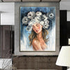Flower Head Painting Figurative Wall Art Abstract Portrait Painting Girl with Flowers Art Blue Artwork Sexy Woman in Bloom Painting | GIRL IN BLOOM - trendgallery.ca