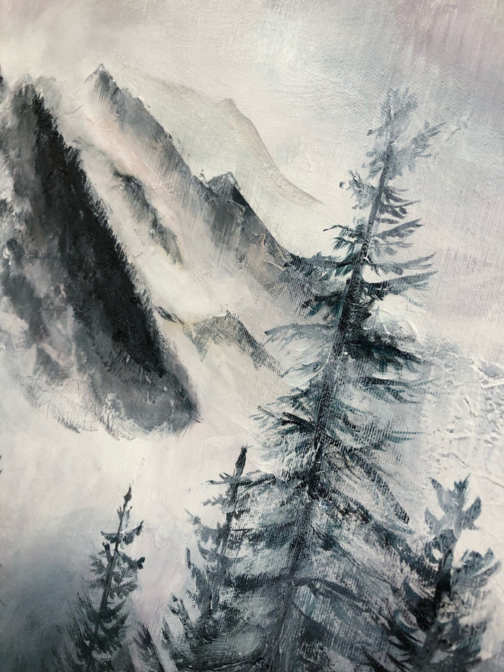 Abstract Foggy Mountain Painting on Canvas Landscape Wall Art Modern Oil Painting Grey Painting Nature Artwork Wall Hanging Decor | FOGGY MOUNTAINS