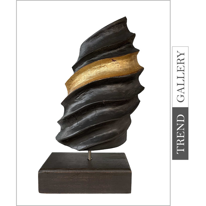 Abstract Ribbed Oval Wood Sculpture Black Table Statue Original Wood Figurine Desktop Art for Room | GOLDEN RATIO 15.8"x10.3" - Trend Gallery Art | Original Abstract Paintings