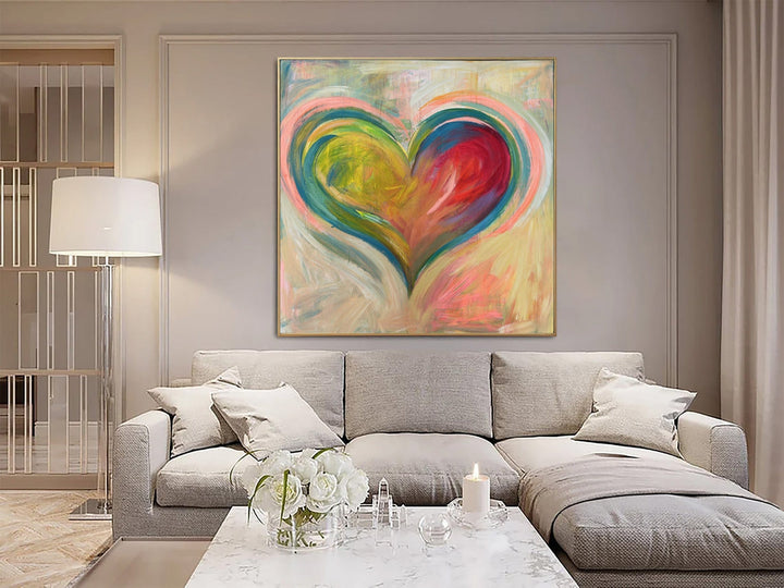 Abstract Heart Paintings On Canvas Colorful Romantic Painting Textured Hand Painted Art | ROMANTIC VALENTINE 40"x40"