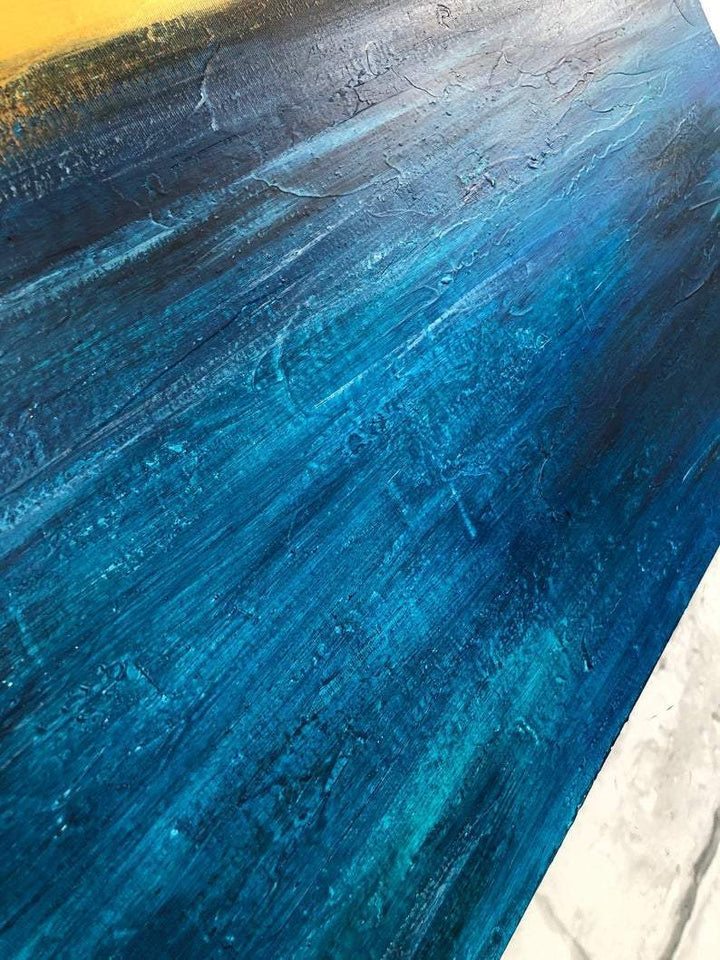 Sunset Painting Abstract Blue Ocean Wall Art Gold Horizon Fine Art Large Ocean Thick Paint Unique | SUMMER SUNSET - trendgallery.ca