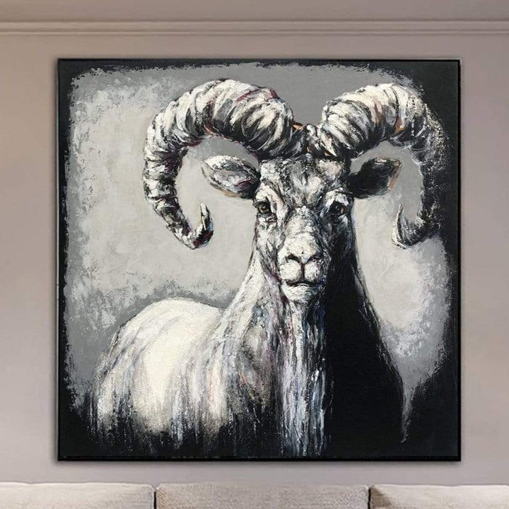 Abstract Animal Painting Canvas Wild Animal Wall Art Goat Painting Bighorn Sheep Painting Black and White Artwork Grey Wall Art | BIGHORN SHEEP