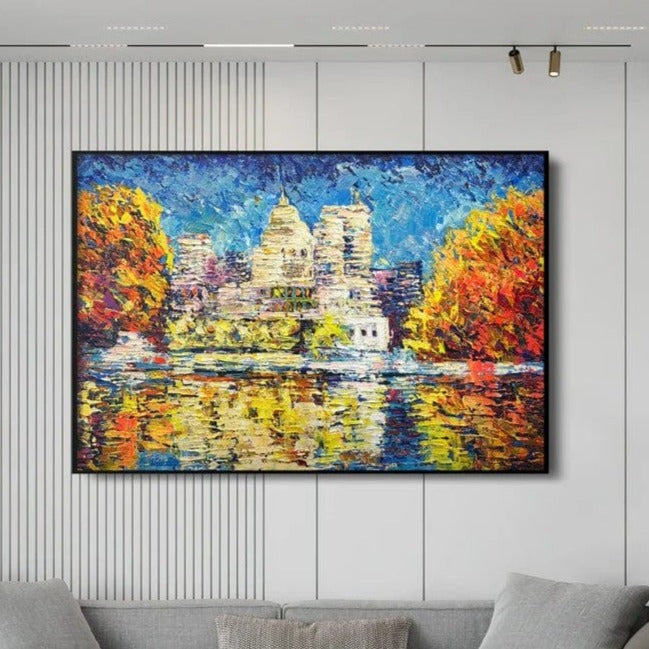 Abstract Colorful Lake Landscape Oil Painting on Canvas Large Original Modern Orange Textured Wall Art | CITY LAKE - trendgallery.ca