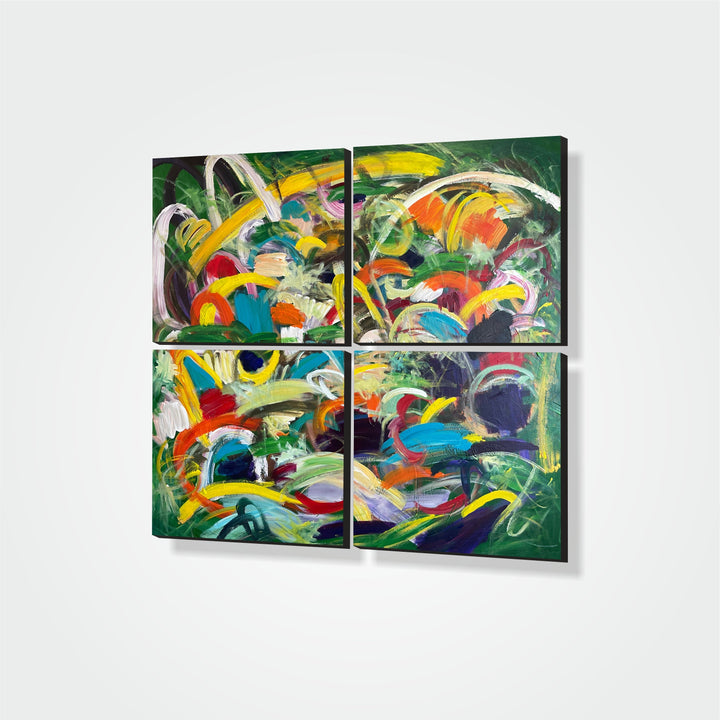 Abstract Colorful Set of 4 Paintings On Canvas, Acrylic Green Oil Painting, Custom Textured Artwork is a Perfect Decor for Living Room Decor | IT'S SPRING TIME