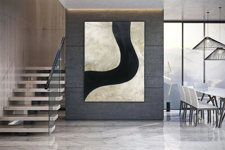 Large Abstract Black And White Painting On Canvas Beige Wall Art Minimalism Artwork Black Line Wall Art on Canvas Textured Oil Art | WINDING ROAD - trendgallery.ca