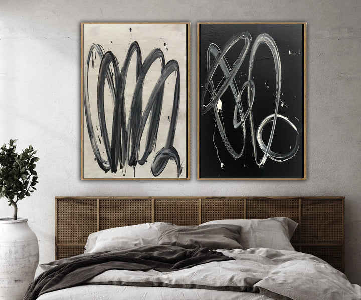 Large Original Black And White Painting Abstract Wall Painting Set Of 2 Acrylic Painting Original Oil Contemporary Modern Wall Art | CHAOTIC ROUTES - trendgallery.ca