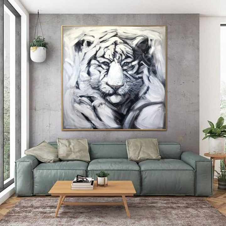 Large Abstract White Tiger Original Monochrome Painting On Canvas Modern Animal Texture Artwork White and Black Wall Art for Home | WHITE TIGER - trendgallery.ca