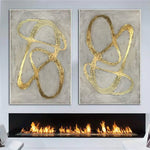 Large Abstract Set of 2 Gray Paintings On Canvas Original Gold Leaf Unique Fine Art Creative Handmade Artwork | GOLDEN PATH