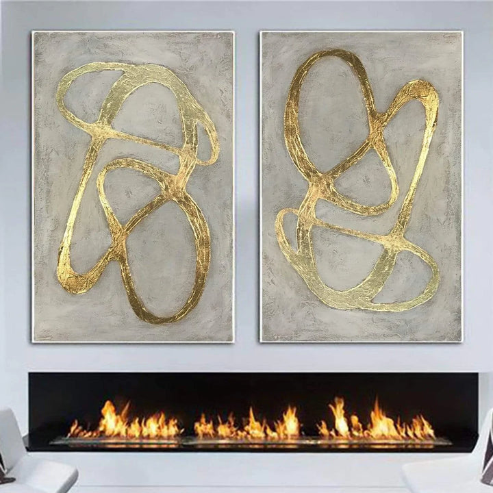 Large Abstract Set of 2 Gray Paintings On Canvas Original Gold Leaf Unique Fine Art Creative Handmade Artwork | GOLDEN PATH - trendgallery.ca