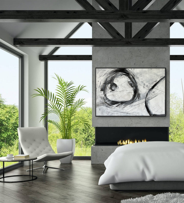 Abstract Black And White Circles Paintings on Canvas, Handmade Acrylic Painting, Minimalist Circles Art for Wall Decor | CROPPED CIRCLE