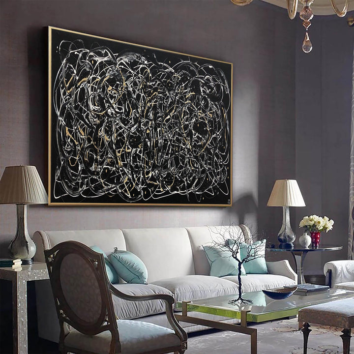 Jackson Pollock Style Aesthetic Painting on Canvas Wall Art Black and White Creative Artwork Painting for Room Decor | ABSTRACT MAZE - trendgallery.ca