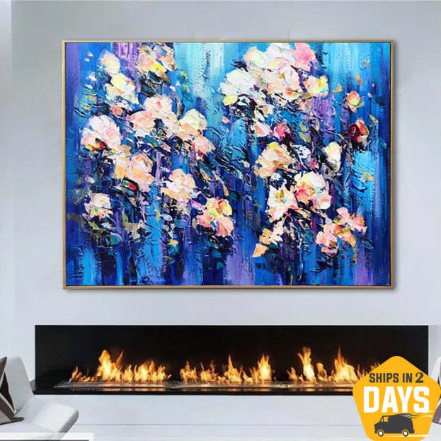 Original Flowers Paintings On Canvas Light Blue Painting Blue Modern Textured Painting Oil Painting Modern Artwork Wall Decor | BLUE FIELD 23.6"x31.5"