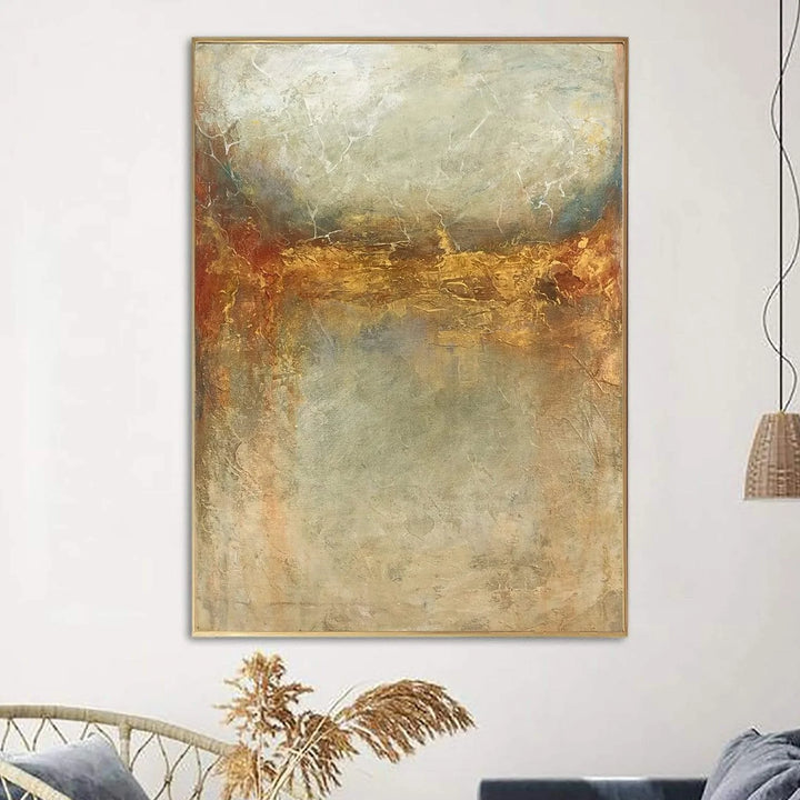 Abstract Beige Painting on Canvas Gold Leaf Wall Art Heavy Textured Oil Artwork Commissioned Painting for Hotel Wall Decor | FIELD ON FIRE - trendgallery.ca