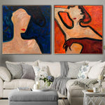 Original Set of 2 Figurative Paintings On Canvas In Red And Blue Colors Abstract Minimalistic Art Women Wall Art | WOMEN'S EVENING