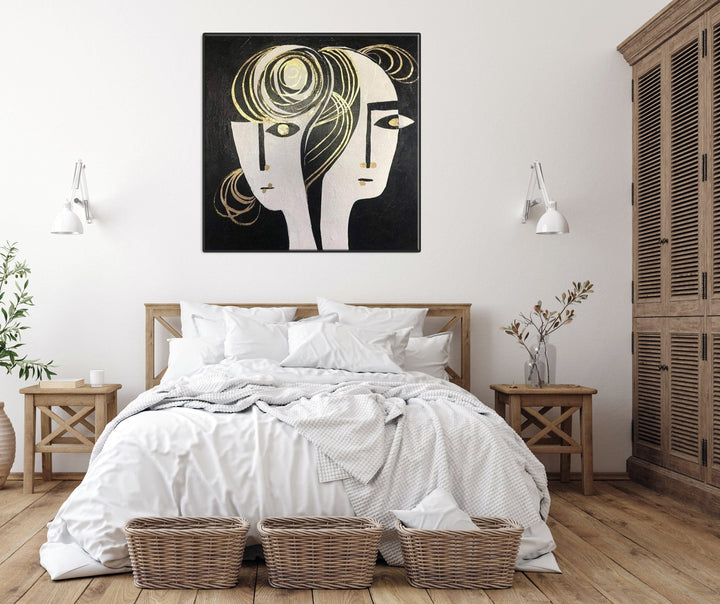 Oversize Abstract Black And White Face Paintings On Canvas Figurative Art Wall Decor Wall Art | LOVE COUPLE