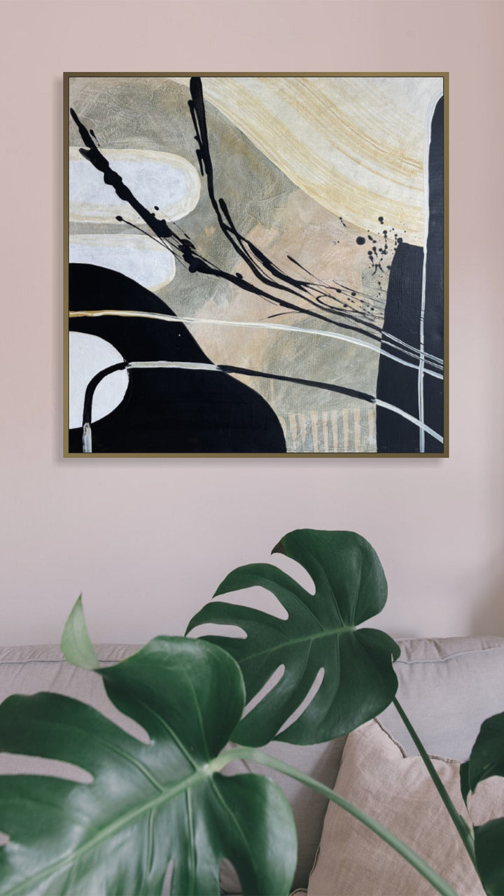 Original Abstract Black And White Paintings On Canvas, Modern Minimalist Artwork, Custom Oil Painting Geometric Art for Home Decor | BEIGE THEORY 26"x26"