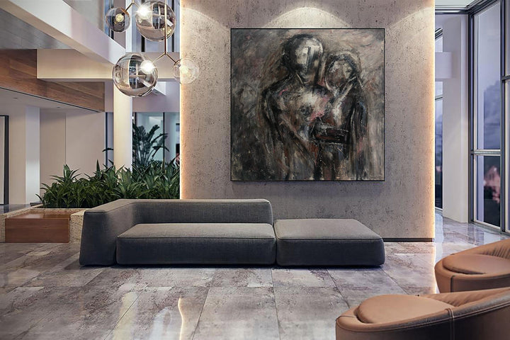 Abstract Figurative Paintings On Canvas In Dark Colors Expressionist Art Humans Couple Painting Romantic Art Textured Painting | LOVE FROM THE PAST - trendgallery.ca