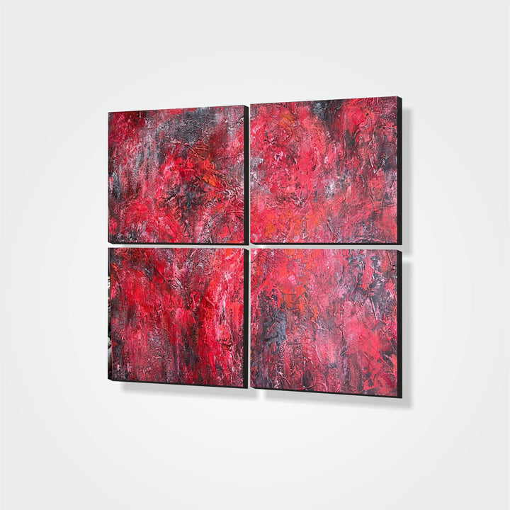 Abstract Red Set of 4 Paintings On Canvas, Modern Custom Oil Painting, Abstract Textured Artwork is a Perfect Decor for your Living Room | SCARLET ABYSS