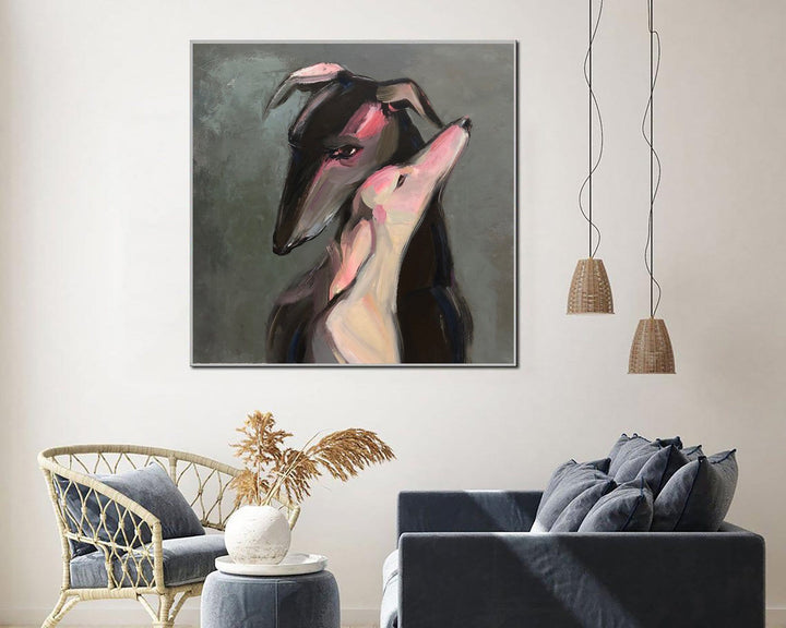 Abstract Dog Paintings On Canvas Romantic Wall Art Greyhound Art In Gray, Black And White Colors Pet Painting Hand Painted Art Wall Decor | TRUE LOVE - trendgallery.ca