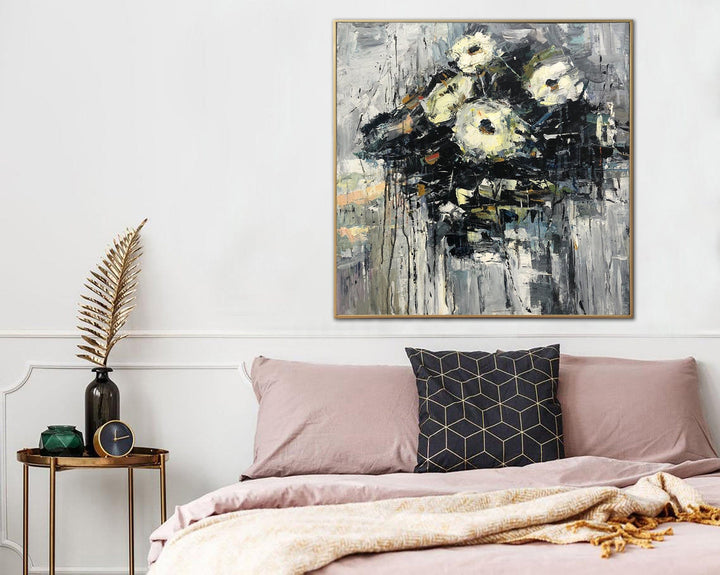 Large Abstract Flower Paintings On Canvas Grey Painting Original Textured Art Floral Painting Modern Wall Art | MACROTYPE - trendgallery.ca