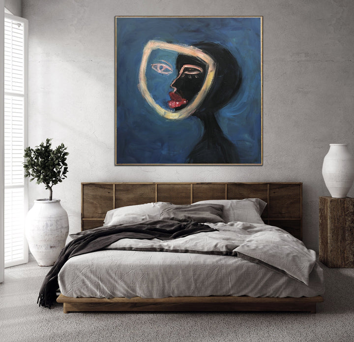 Large Abstract Face Painting Oil Original Art Female Face Painting on Canvas Woman Face Wall Art Dark Blue Canvas Art Decor | SPLIT - trendgallery.ca