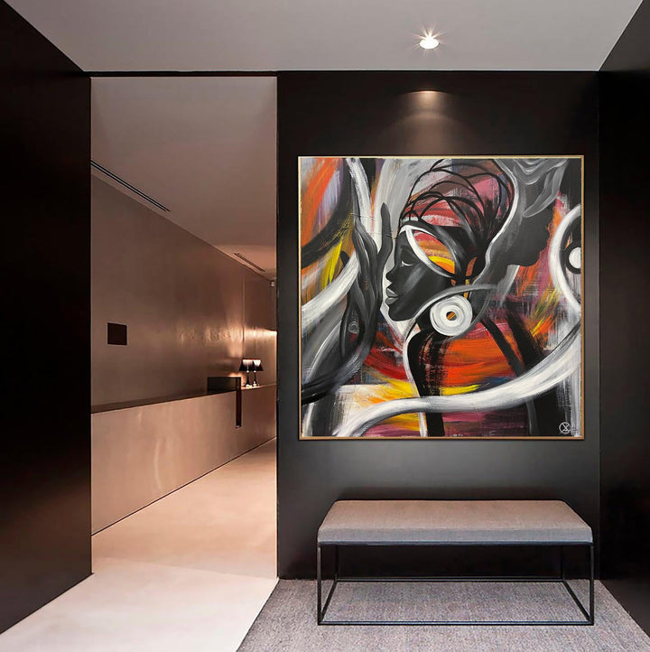 Large Abstract African Woman Face Painting in Black And Red Colors Abstract Figurative Fine Art Original Handmade Artwork | FEMALE ESSENCE - trendgallery.ca