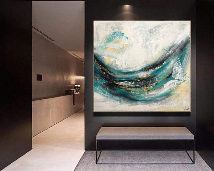 Large Abstract Turquoise Painting On Canvas Beige Wall Art Contemporary Art Wall Decor | FRESHNESS - trendgallery.ca